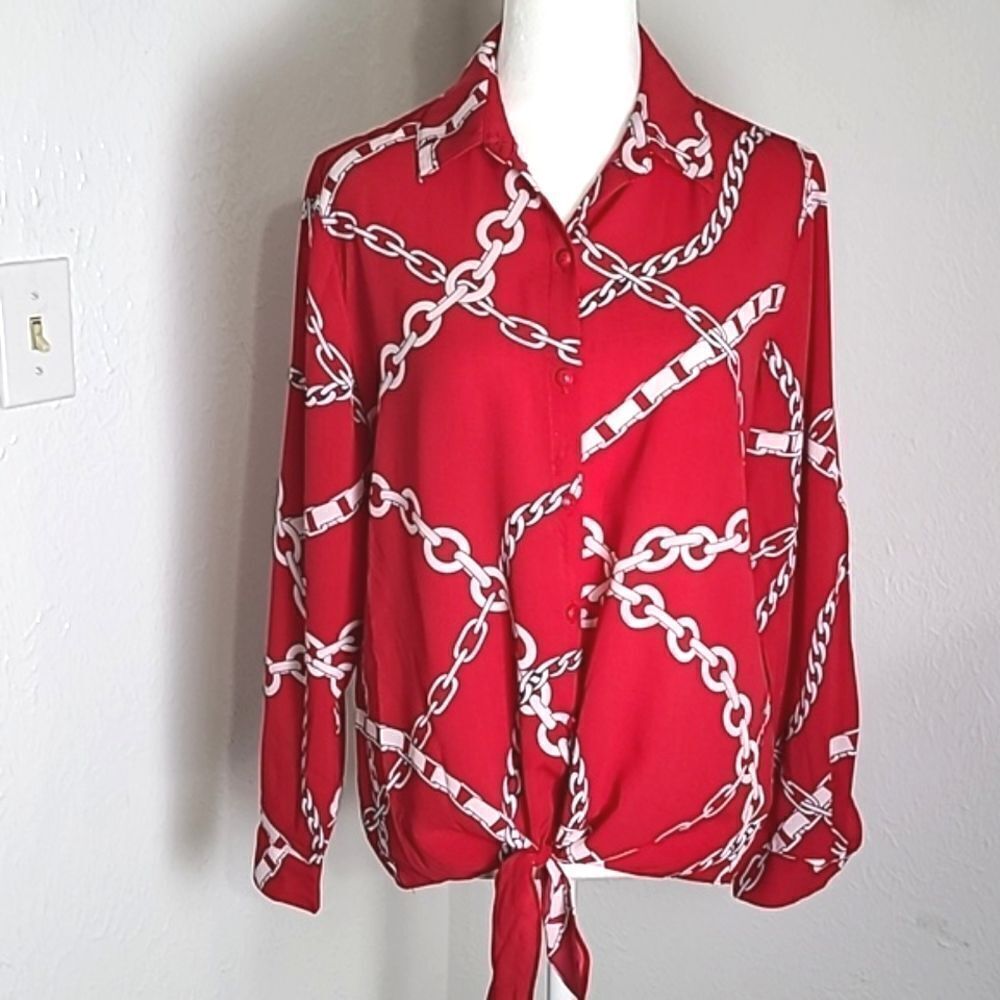 Susan Graver Red Blouse w/ White Chain Print, Longsleeve, Ties at Waist, Size 2